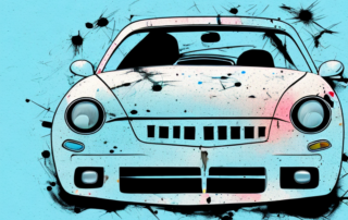 A car with visible scratches and a repair kit with various tools and paint next to it