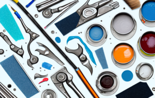 Various tools and materials typically found in a car paint repair kit