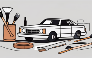 A car with visible paint chips and a set of repair tools like sandpaper