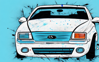 A car with visible paint damage and tools like a paintbrush and paint cans nearby