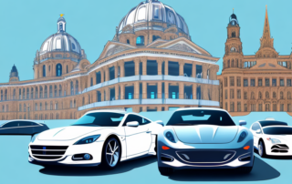 A variety of cars with different types of foil finishes parked in front of iconic wiesbaden landmarks