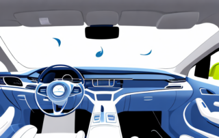 The interior of a car with various cleaning tools like a vacuum