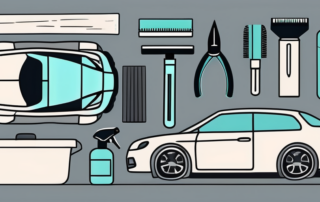 A car undergoing professional detailing with various tools like a vacuum cleaner
