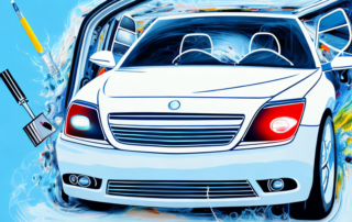 A car in a professional auto painting booth with various tools and spray guns