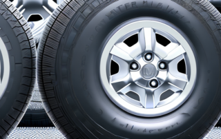 Different car tires undergoing various stages of rubber care
