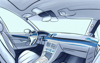 A car interior focusing on a clean and shiny car seat with cleaning tools like a vacuum cleaner