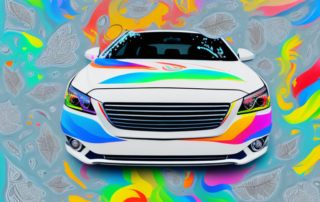 A car with various types of colorful folienaufkleber (vinyl stickers) applied on different parts of it