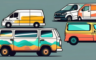 A variety of colorful and creative stickers adorning the sides of different types of transport vans