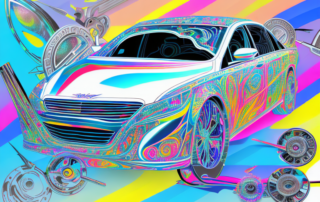A car with various vibrant and unique design foils applied