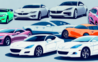 A variety of cars with different colored and styled wraps parked in front of a modern