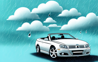 A convertible car with its top up