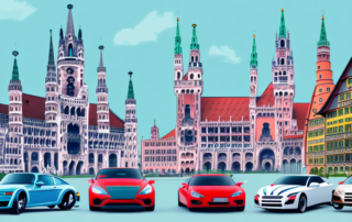 A variety of cars with different vibrant wraps parked in front of iconic munich landmarks