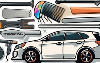 A rear car window adorned with various tuning stickers