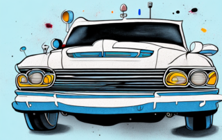 A car in a garage with various painting tools and equipment nearby