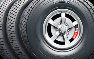 A variety of bridgestone tires with a pressure gauge resting on top