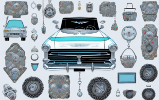 A car interior creatively decorated with various accessories like hanging charms