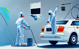 A car in a professional painting booth with various tools and equipment typically used in auto painting