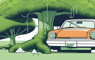 A car parked under a tree with visible moss growth on its surface