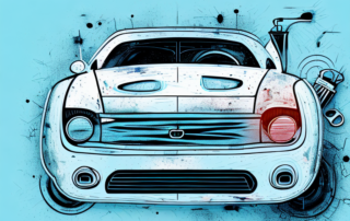 A car with visible deep scratches on its surface and a repair kit containing various tools and a paint pot next to it