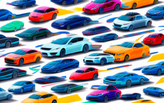 A variety of cars with different decorative stripes in vibrant colors