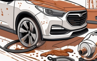 A car with small rust spots being treated with various tools and products