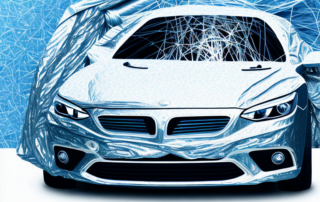 A car in the process of being wrapped with foil in a professional garage setting