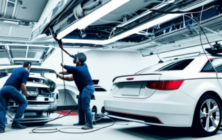 A car being wrapped in a high-quality vinyl film in a professional garage setting