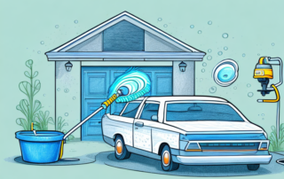 A home driveway with a car being washed