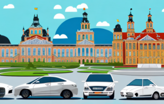 Various cars with different vibrant color foils parked in front of iconic landmarks of hannover