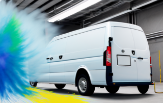 A transporter van in a paint booth with a spray gun applying fresh paint