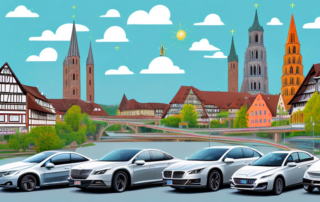 A variety of cars with different vibrant foil finishes parked in a scenic view of heilbronn cityscape