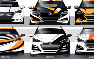 Various car hoods adorned with different creative and abstract designs using vinyl wraps