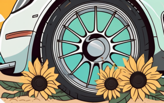 A car tire with a pressure gauge in a sunny