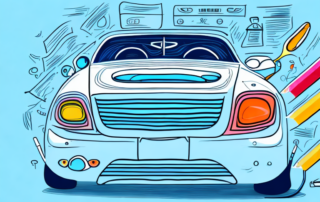 A car in a professional paint booth with various paint cans and tools