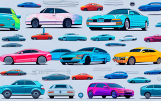 A variety of cars in different stages of being wrapped in colorful vinyl