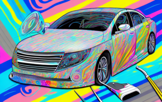 A car being wrapped in a colorful