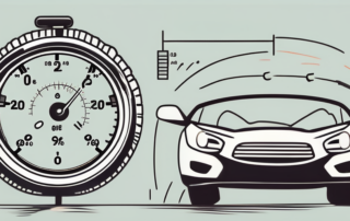 A tire pressure gauge next to a perfectly inflated car tire