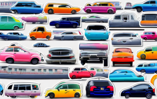 A variety of humorous and quirky car stickers displayed on different parts of a brightly colored car