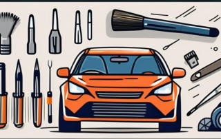 A car with a small scratch being repaired with a paint pen