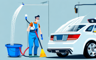 A home garage setup with various car cleaning tools like a bucket of soapy water