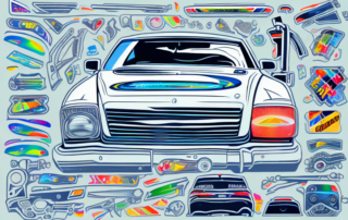 A car with various stickers being applied on different parts