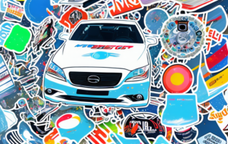 A car partially covered with various stickers
