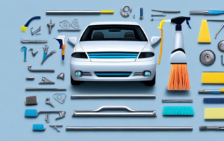 A car with gleaming surfaces and a selection of cleaning products and tools nearby