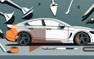 A car half covered in vinyl wrap with various tools like a squeegee