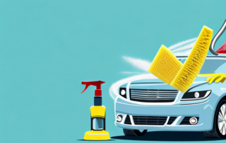 A car being washed with various cleaning tools like a bucket