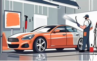 A car in a professional painting booth with various tools and equipment used for car painting