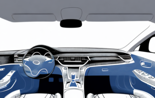 The interior of a dirty car with various cleaning tools like a vacuum cleaner