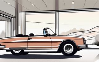 A convertible car with a fabric roof parked in a scenic outdoor location