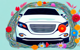 A car creatively decorated with various items like flowers
