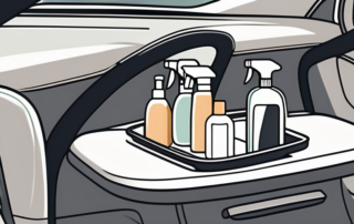 A variety of cleaning products arranged on the seat of an open car interior
